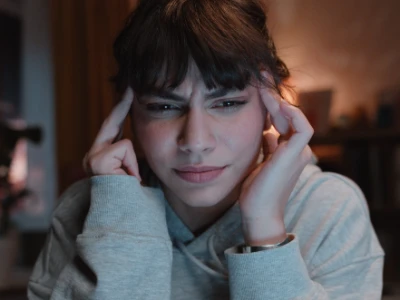  Eine Studentin hält sich die Hände an die Schläfen und hat Kopfschmerzen.