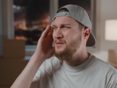  Ein Mann mit Baseballkappe hält sich die Hand an die Schläfe.