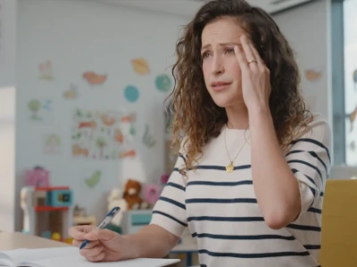  Eine Lehrerin, die mit ihren Notizen am Schreibtisch sitzt, hat Kopfschmerzen.