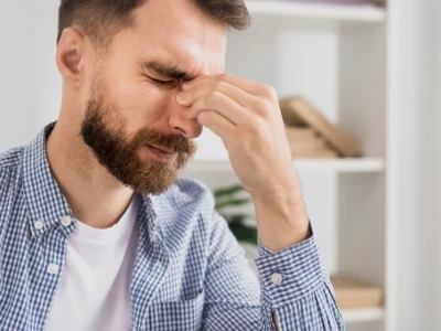 Ein Mann kneift sich vor Schmerzen in den Nasenrücken.