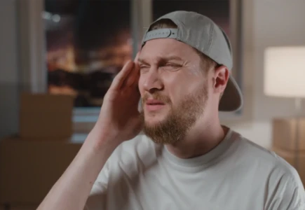  Ein Mann mit Baseballkappe hält sich die Hand an die Schläfe.