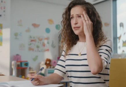  Eine Lehrerin, die mit ihren Notizen am Schreibtisch sitzt, hat Kopfschmerzen.