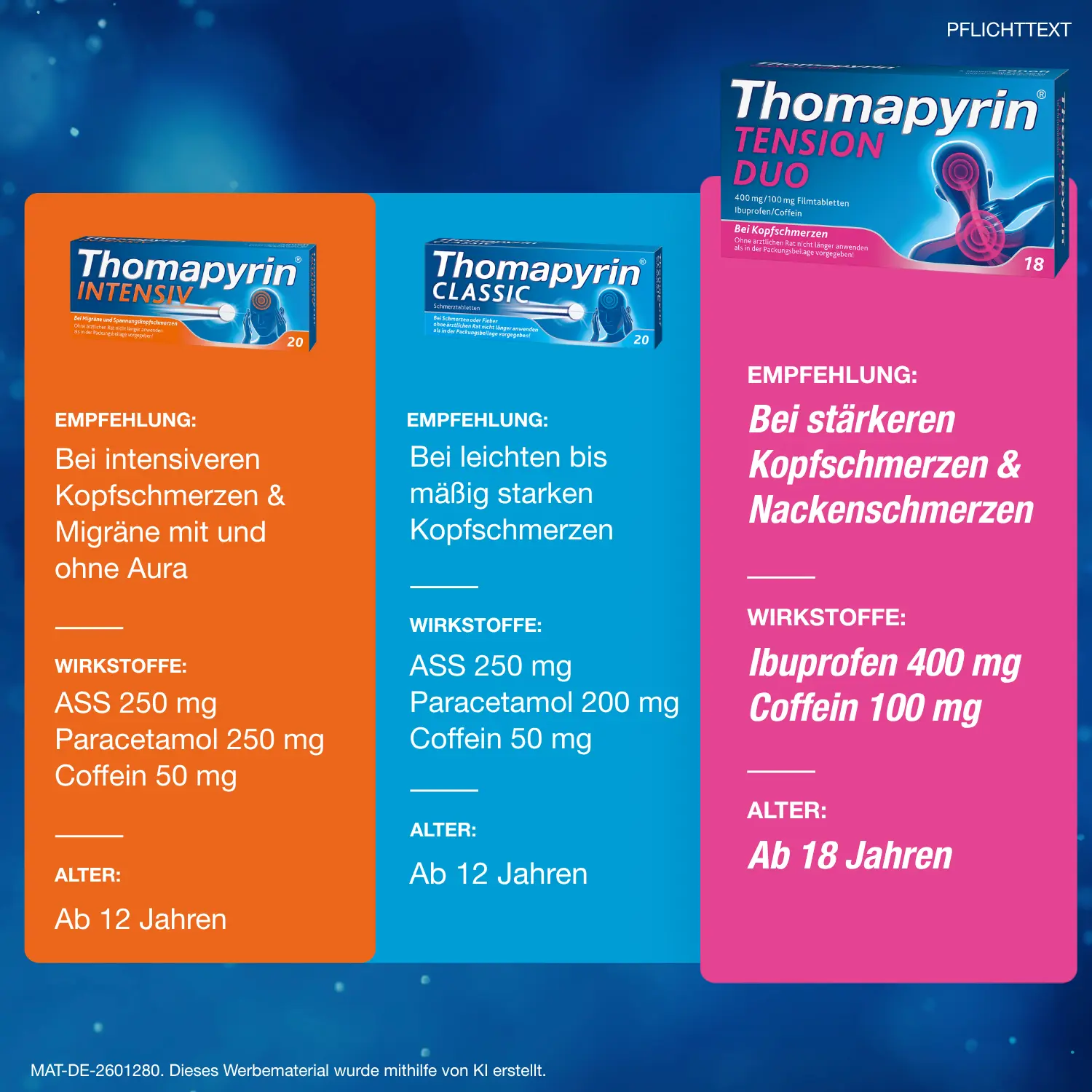 Empfehlung: Bei stärkeren Kopfschmerzen & Nackenschmerzen. Wirkstoffe: Ibuprofen 400 mg, Coffein 100 mg. Alter: Ab 18 Jahren.